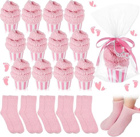 Coume 12 زوجًا من جوارب كب كيك لاستحمام الأطفال للنساء، جوائز استحمام الطفل للفائزين جوارب نسائية زغبية مع بصمة قدم، بطاقات شكر لحفل استقبال المولود الجديد وحفلات الزفاف وهدايا عيد الحب (وردي) in Kuwait