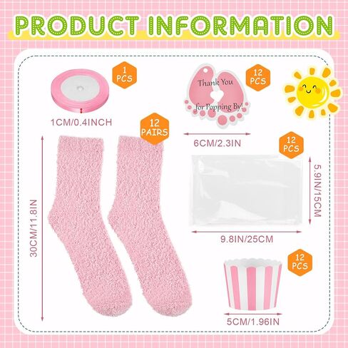 Coume 12 زوجًا من جوارب كب كيك لاستحمام الأطفال للنساء، جوائز استحمام الطفل للفائزين جوارب نسائية زغبية مع بصمة قدم، بطاقات شكر لحفل استقبال المولود الجديد وحفلات الزفاف وهدايا عيد الحب (وردي) in Kuwait