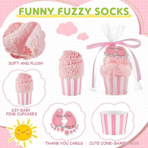 Coume 12 زوجًا من جوارب كب كيك لاستحمام الأطفال للنساء، جوائز استحمام الطفل للفائزين جوارب نسائية زغبية مع بصمة قدم، بطاقات شكر لحفل استقبال المولود الجديد وحفلات الزفاف وهدايا عيد الحب (وردي) in Kuwait