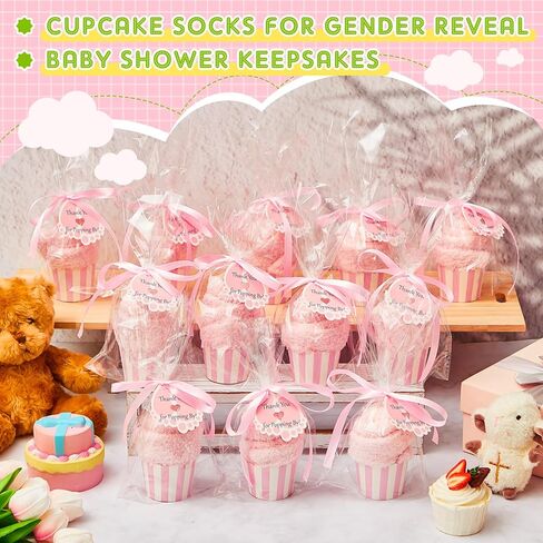Coume 12 زوجًا من جوارب كب كيك لاستحمام الأطفال للنساء، جوائز استحمام الطفل للفائزين جوارب نسائية زغبية مع بصمة قدم، بطاقات شكر لحفل استقبال المولود الجديد وحفلات الزفاف وهدايا عيد الحب (وردي) in Kuwait