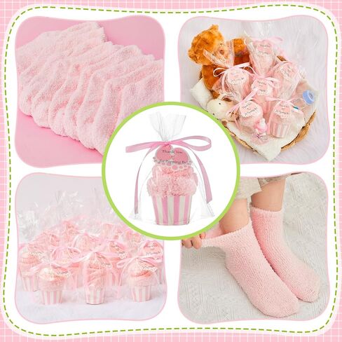 Coume 12 زوجًا من جوارب كب كيك لاستحمام الأطفال للنساء، جوائز استحمام الطفل للفائزين جوارب نسائية زغبية مع بصمة قدم، بطاقات شكر لحفل استقبال المولود الجديد وحفلات الزفاف وهدايا عيد الحب (وردي) in Kuwait