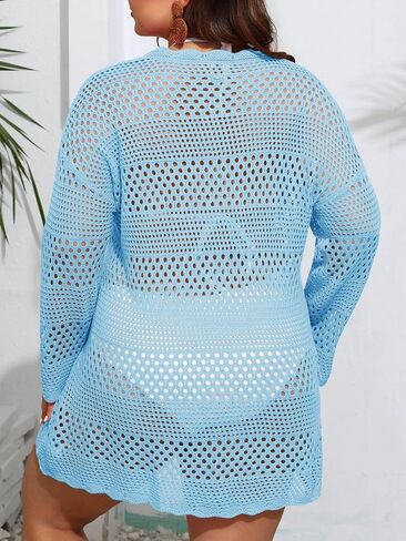 Beautife Womens Plus Size Swimsuit Cover Up Crochet Long Sleeve Mesh Knit Crew Neck Beach Coverup Dress in Kuwait