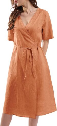 Amazhiyu Womens Pure Linen Summer Short Sleeve Wrap Midi Dresses with Pockets in Saudi Arabia