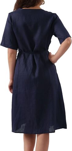Amazhiyu Womens Pure Linen Summer Short Sleeve Wrap Midi Dresses with Pockets in Saudi Arabia