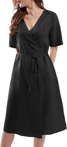 Amazhiyu Womens Pure Linen Summer Short Sleeve Wrap Midi Dresses with Pockets in Saudi Arabia