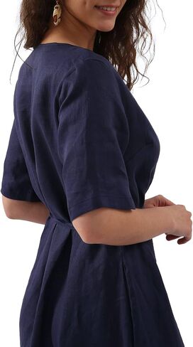 Amazhiyu Womens Pure Linen Summer Short Sleeve Wrap Midi Dresses with Pockets in Saudi Arabia