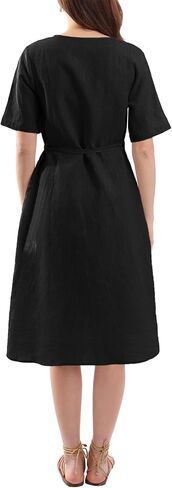 Amazhiyu Womens Pure Linen Summer Short Sleeve Wrap Midi Dresses with Pockets in Saudi Arabia