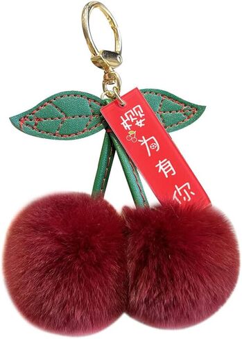 Cute Cherry Keychain Pom Pom, Faux Fur Ball Key Fluffy Keychain Pendant for Women Bag Pendant Backpack Hanging Decor in Kuwait