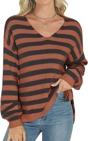 Tanou Women's Striped Pullover Sweaters Long Sleeve V Neck Loose Casual Kintted Side Split Sweater Tops in Saudi Arabia