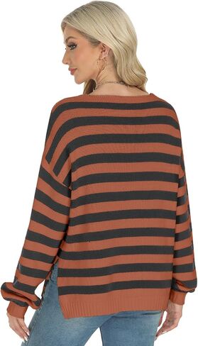 Tanou Women's Striped Pullover Sweaters Long Sleeve V Neck Loose Casual Kintted Side Split Sweater Tops in Saudi Arabia