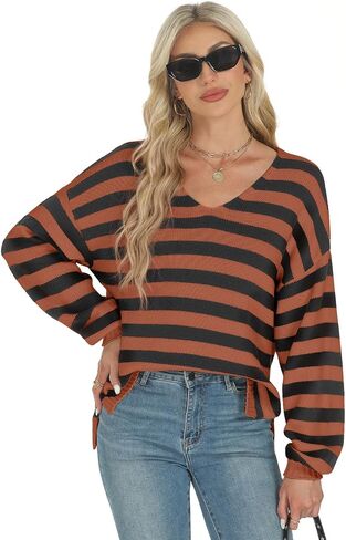 Tanou Women's Striped Pullover Sweaters Long Sleeve V Neck Loose Casual Kintted Side Split Sweater Tops in Saudi Arabia