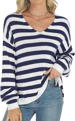 Tanou Women's Striped Pullover Sweaters Long Sleeve V Neck Loose Casual Kintted Side Split Sweater Tops in Saudi Arabia