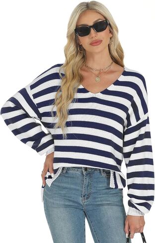 Tanou Women's Striped Pullover Sweaters Long Sleeve V Neck Loose Casual Kintted Side Split Sweater Tops in Saudi Arabia