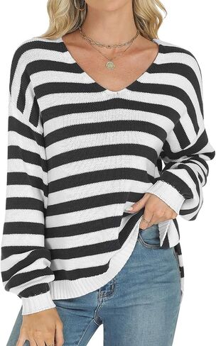Tanou Women's Striped Pullover Sweaters Long Sleeve V Neck Loose Casual Kintted Side Split Sweater Tops in Saudi Arabia