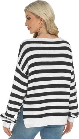 Tanou Women's Striped Pullover Sweaters Long Sleeve V Neck Loose Casual Kintted Side Split Sweater Tops in Saudi Arabia