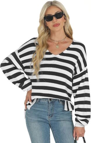 Tanou Women's Striped Pullover Sweaters Long Sleeve V Neck Loose Casual Kintted Side Split Sweater Tops in Saudi Arabia