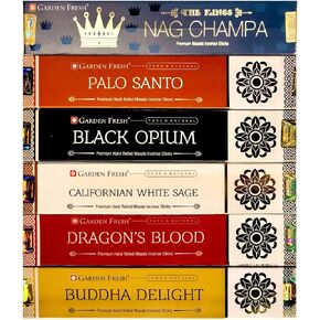 Garden Fresh : Nag Champa, Palo Santo, Californian White Sage, Dragon's Blood, Black Opium, Buddha Delight - 6 Packs x 15 Gm - Natural Hand Rolled Masala Incense from Bangalore