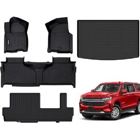 Car Floor Mats & Cargo Mat - Custom Fit for 2021-2024 Chevrolet Suburban/GMC Yukon XL - All Weather TPE Material - Waterproof, Anti-Skid, Raised High Edge - Set of 8 Bench Seats