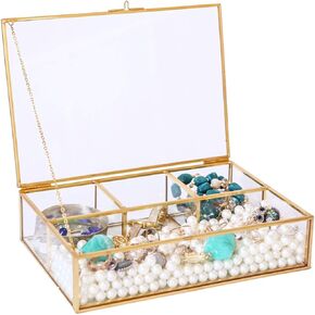 Golden Vintage Glass Box Clear Glass & Brass Metal Storage Jewelry and Cosmetic Makeup Case Holder Organizer Beauty Treasure Display, 4 Compartment
