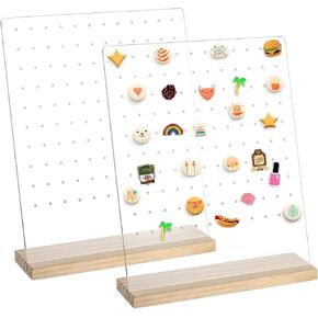 yeesport 2 PCS Acrylic Enamel Pin Display Stands, 120 Holes Enamel Pin Stand with Wooden Base, Desktop Pin Holder, Acrylic Earring Display Stand, Clear Tabletop Organizer for Award Badges, Pin Collectibles