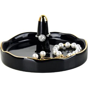Ring Holder for Jewelry, Ceramic Jewelry Dish Tray, Ring Trinket Dish for Rings Earrings Bracelet Keys, Engagement Wedding Birthday Mother's Day Christmas Gifts for Women (Black)
