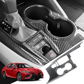 ABS Center Console Gear Shift Panel Frame Cover Trim, Carbon Fiber Cup Holder Decor Compatible with Toyata Camry LE SE TRD SE 2018 2019 2020 2021 2022 2023 2024 - Without Seat Heater Switch