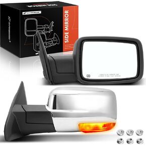 A-Premium Towing Mirrors Compatible with Ram & Dodge Models, 1500 2500 3500 4500 5500, 2009-2018, Power Folding Heated Chrome, with Power Glass Turn Signal Puddle Light Temperature Sensor, Pair Set