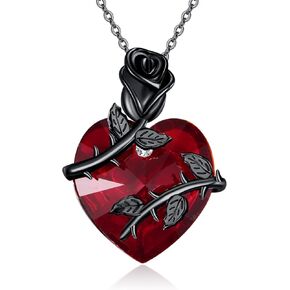 Black Rose Necklace 925 Sterling Silver Red Heart Pendant Gothic Jewelry for Women