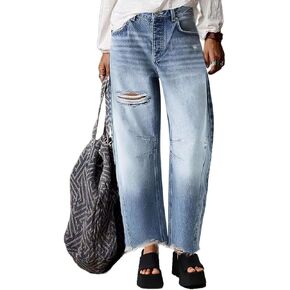 Flamingals Straight Leg Jeans for Women Ripped Raw Hem Mid Waisted Bootcut Jeans Without Belts