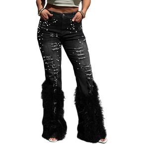 Women's Pearl Ripped Jeans High Waist Straight Leg Feather Denim Pants with Pocket