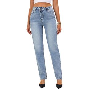 Womens Casual High Waisted Straight Leg Jeans Crossover Waistband Non-Stretch Denim