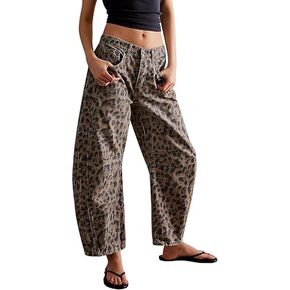 Women's Baggy Barrel Jeans Boyfriend Mid Rise Leopard Jeans Barrel Jeans Women Wide Leg Denim Pants Slim Fit Pants