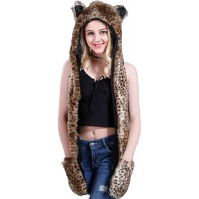 3 in 1 Furry Animal Hood Hat Scarf Mittens Warm Plush Earflaps Hoodie Cap Full Pockets Winter Faux Fur Cartoon Hat Unisex