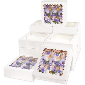 Bakepacker 55pcs White Pie Boxes 8x8x2.5 inches Easy Assemble Macaroon Cookie Boxes Bakery Boxes with Window for Bakery (Auto-pop Up)