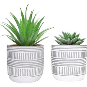 HelaCueil 2 Pack Artificial Succulent Plants 7'' & 5'' Potted Home Decoration Cement Pots