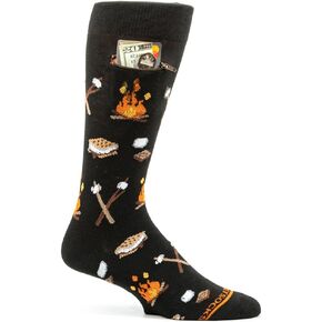Fashion Print Crew Socks for Men - Anti Theft Novelty Dress Socks w/Hidden Zipper Stash Spot Pocket for Travel ID, Keys, Cash - Campfire n Smores
