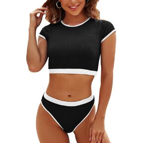 DaiLiWei Womens High Neck Swimsuit Ribbed Cheeky Bikini Sets High Cut 2 Piece Bathing Suit Color Block Crop Top Teens