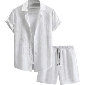 Men's 2 Piece Outfits Textured Button Down Shirts and Drawstring Waist Shorts Sets with Pocket