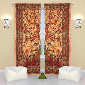 THE ART BOX Indian Hippie Tree of Life Tapestry Window Curtains Gypsy Tye Dye Bohemian Door Cover Beautiful Drapery Bedroom Living Room Balcony Valance Panels (Yellow Tree 75x50 inches)