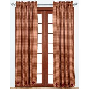 VHC Brands Classic Country Primitive Window Star Red Scalloped Curtain Panel Pair, Burgundy