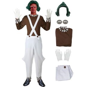 Cosplay.fm Mens Candy Chocolate Factory Worker Costume with Green Wig Small Human Movie Costume for Halloween