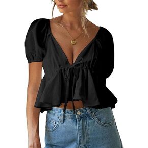 Women's Puff Short Sleeve Tie Up Back Crop Top Deep V Neck Ruffle Hem Peplum Blouse Shirts