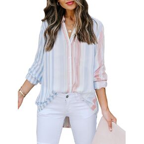 Mutitop Womens Button Down Shirts Striped Dress Shirts Long Sleeve Textured Blouse Collared Work Office Top Casual Tunic