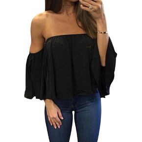 Women's Summer Off Shoulder Blouses Short Sleeves Sexy Tops Chiffon Ruffles Casual T Shirt
