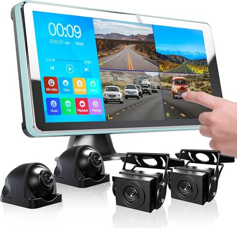 كاميرا احتياطية 4K كاميرا داش 4CH مع شاشة لمس رباعية مقاس 10.36 بوصة وكاميرا عرض أمامية وخلفية 4 AHD مع تسجيل DVR وتشغيل الموسيقى والفيديو وتجنب العمياء لشاحنة نصف مقطورة RV in Kuwait