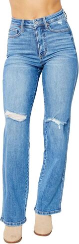 Judy Blue Women's High-Rise Tummy Control Destroyed Knee Straight Jeans - 88785 (Medium Blue, 22 Plus) in Kuwait
