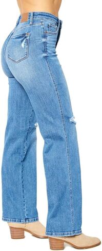 Judy Blue Women's High-Rise Tummy Control Destroyed Knee Straight Jeans - 88785 (Medium Blue, 22 Plus) in Kuwait