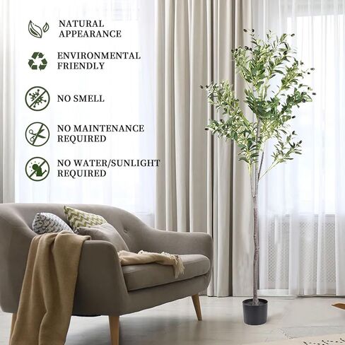 شجرة زيتون صناعية، شجرة صناعية بطول 6 أقدام في أوراق فرع أوليفر وفواكه لديكور المنزل الحديث في الداخل (70 بوصة، شجرة زيتون) in Kuwait