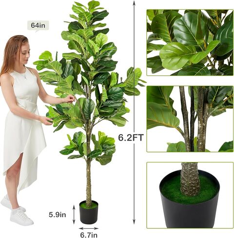 KOL 6.2FT 2-Pack Artificial Fiddle Leaf Fig Tree, 74.8’’ Fake Ficus Lyrata Plant, Faux Plants Greenery for House Home Office House Living Room, Perfect Housewarming Gift, Indoor Outdoor Modern Decor in Saudi Arabia