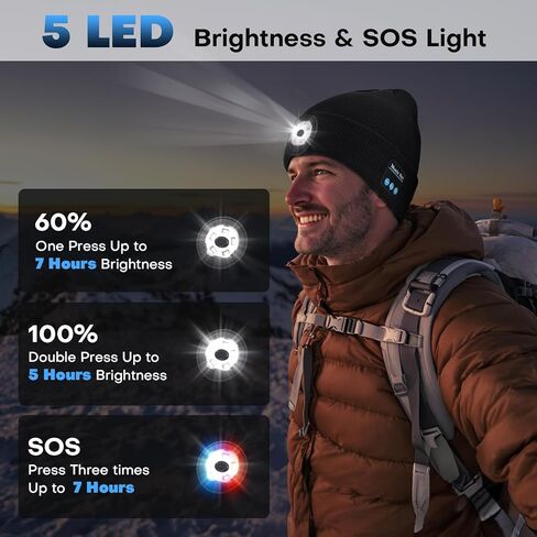 قبعة بلوتوث مع ضوء 5 LED فائق السطوع وعصابة رأس بلوتوث 5.2 تصل إلى 13 ساعة من وقت التشغيل، أسود in Kuwait